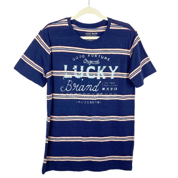 Lucky Brand Boys Kids Striped Good Fortune T-Shirt Navy Blue Pink Size XL - Picture 1 of 5